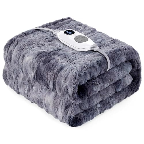 Warmrest Electric Blanket Heated Throw Blanket Soft 𝐅𝐚𝐮𝐱 𝐅𝐮𝐫, 𝟏𝟑𝟎𝐱𝟏𝟔𝟎 𝐜𝐦 - 6 Heat Levels Fast Heating, 1 to 10 Hours Auto-Off Detachable Controller Machine Washable Grey - Image 1