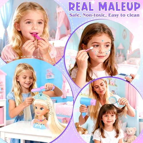 KUBUSFLY Hair Styling Doll Head Toys for Girls, Kids Makeup Hair Salon Pretend Play Styling Kit with Hairdryer, Curling Iron, Beauty Hair Stylist Toy Christmas Birthday Gift for Toddler Girls 3 4 5 6+ thumbnail 4