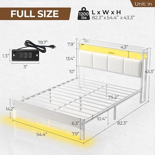 Rolanstar Bed Frame Full Size with Charging Station and LED Lights, Upholstered Headboard with Storage Shelves, Heavy Duty Metal Slats, No Box Spring Need, Noise Free, Easy Assembly, White thumbnail 2