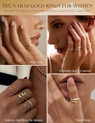 THUNARAZ 14K Gold Plated Rings for Women Non Tarnish Stackable Chunky Rings Cubic Zirconia Thumb Ring Set Dainty Trendy Statement Promise Wedding Bands Engagement Ring for Women Size 6-10 thumbnail 3
