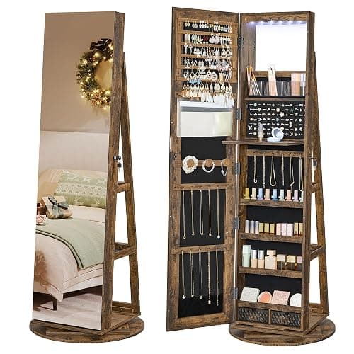 SONGMICS 6 LEDs Lockable Mirror Jewelry Cabinet, 360° Swivel Jewelry Organizer Armoire Standing, Frameless Full-Length Mirror, 3 Storage Shelves, Christmas Gifts, Rustic Brown and Black UJJC007X01 - Image 1