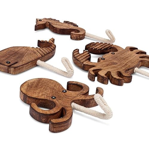 Crane Baby Sea Life Wooden Wall Hooks - Set of 4 Wooden Ocean Nursery Decor Towel Hooks, Brown thumbnail 6