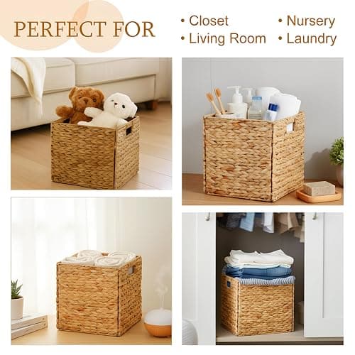 Jinei 12 Pcs Water Hyacinth Storage Baskets 10"x10"x10" Wood Color | Handwoven Wicker Bins with Handles, Wicker Cube Baskets Bulk for Shelves Organizer Laundry, Closet Bedroom thumbnail 6