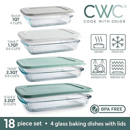 COOK WITH COLOR 8-Piece Deep Glass Baking Dish Set with Plastic Lids – Casserole and Food Storage Containers for Lasagna, Leftovers – Freezer-to-Oven, Microwave & Dishwasher Safe, Fluted Sage thumbnail 3