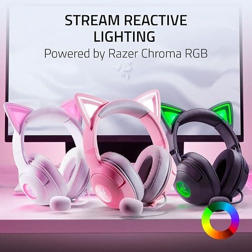 Razer Kraken Kitty V2 USB Wired Headset: Chroma RGB Kitty Ears - Stream Reactive Lighting - HyperClear Cardioid Mic - 40 mm Drivers - 7.1 Surround Sound - Comfortable Ear Cushions - Quartz Pink thumbnail 3