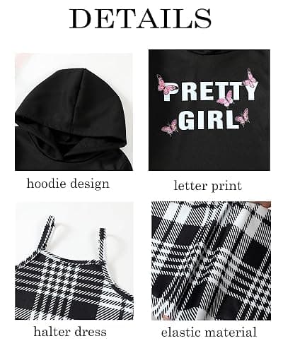 YOURUIKEY Girls 2 Piece Outfits Cami Dresses Hoodie Clothing Set Plaid Bodycon Dress Crop Top Sweatshirt Fall Winter Clothes thumbnail 5