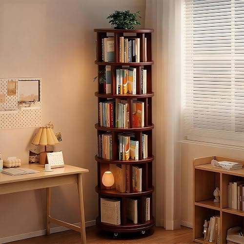 6-Tier Rotating Bookshelf Tower, 360° Solid Wood Rotating Bookcase with Wheels, Vertical-Movement Corner Bookshelves, Spinning Bookshelf for Small Spaces, Bedrooms, Offices, and Kids Room (Walnut) - Image 1