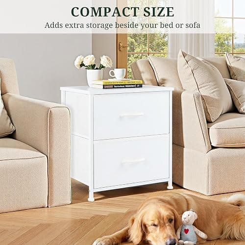 Nightstand, Small 2 Drawer Dresser End Table Bedside Furniture, Wooden Top Fabric Bins for Bedroom, Closet, Entryway, Dorm, 11.8" D x 18" W x 20", White thumbnail 5