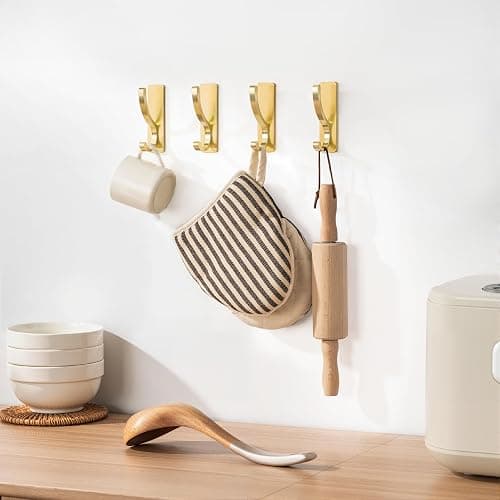 Adhesive Wall Hooks for Towels Coats - Stick On Hooks Hanging Heavy Duty (13lb), Metal Hook for Door, Bathroom, Dorm, Closet - Hanger for Purse, Bag, Robe,Backpack - No Damage to Wall - Gold 6 Pack thumbnail 7