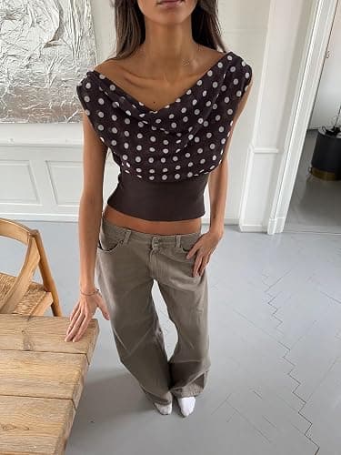 Y2k Polka Dot Tank Top for Women One Shoulder Sleeveless Halter Crop Top Backless Camisole with Scarf thumbnail 8