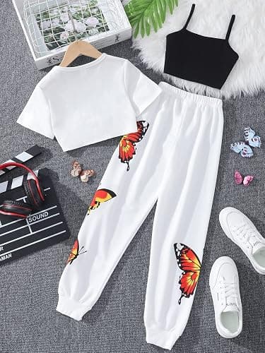 SOLY HUX Girl's Butterfly Print Cami Tops & High Low Hem Short Sleeve T Shirt with Sweatpants 3 Piece - 10 Years - White Butterfly thumbnail 2