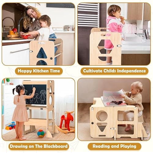 Woodure 4-in-1 Toddler Kitchen Step Stool, Foldable Learning Standing Tower with Blackboard, Wooden Kitchen Stool Helper for Kids, 1-3 Year Old Boy Girl Gifts thumbnail 5