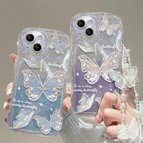 Cutecasee Compatible with iPhone 14 Case for Women/Girls, Cute Butterfly Glitter Bling with Bracelets Anti-Scratch Shockproof Case for iPhone 14, Blue with Bracelets thumbnail 2