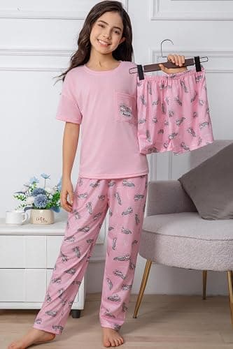 Hupohoi Kids Pajama Sets 3pcs Cartoon Sleepwear Chest Pocket Short Sleeve Top with Shorts Pants Nighty Pjs 6 to 18 Years thumbnail 3