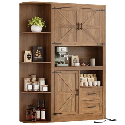 IRONCK 70" Farmhouse Kitchen Pantry, Storage Cabinet with Power Outlets, 4 Side Shelves, Buffet Sideboard with Microwave Stand, Coffee Bar with 2 Drawers, Cupboard for Dining Room (Dark Walnut) - Image 1