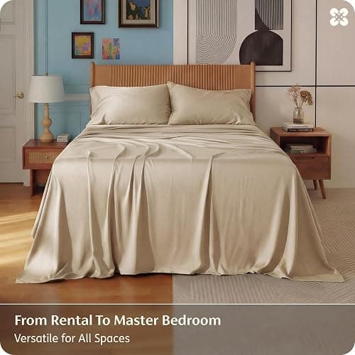 Bedsure King Size Sheet Set, Cooling Sheets, Rayon Derived from Bamboo, Deep Pocket Up to 16", PureWoven, Breathable & Soft, Bed Sheets, Hotel Luxury Silky Bedding for Hot Sleepers, Beige thumbnail 5