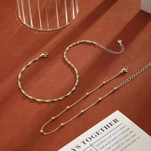 2/3 PCS Gold Anklets for Women Waterproof Cuban Link Anklet Beaded Bracelets Stackable Bracelets 14K Gold Plated Custom Jewelry Gifts Non Tarnish Lightweight thumbnail 7