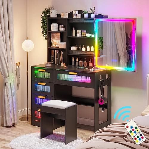 HNEBC Vanity Desk with Sliding Mirror and LED Lights, RGB Vanitys with Charging Station, Makeup Vanitys with Remote Control, White Dresser with Stool/Lager Drawers for Bedroom (Black) - Image 1