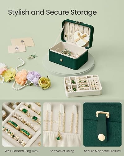 SONGMICS GISELLA Collection - Travel Jewelry Organizer, 2-Layer Jewelry Case Holder with Shiny Metal Hardware, Portable, Premium Velvet, for Earrings Necklaces, Retro Green UJBC166C04 thumbnail 6