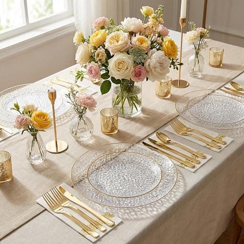 Rubtlamp 350 Pcs Clear Gold Plastic Plates, Hammered Disposable Dinnerware, Clear-Gold Plates Set Include 100 Plastic Platos, 150 Gold Disposable Silverware, 50 Cups And 50 Napkins for Party thumbnail 4