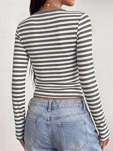 KIRUNDO Stripe Long Sleeve Shirts for Women V Neck Fall Fashion Clothing | Cute Y2K Going Out Tops, Basic Tees Sexy Crop Top, Business Casual Outfits, Workout T Shirts, Slim Fitted, Low Cut thumbnail 3