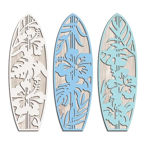 VGICH Hibiscus Surfboard Wall Decor - 3 Piece Wooden Beach Wall Art for Bedroom, Tropical Decor for Living Room(Blue) - Image 1