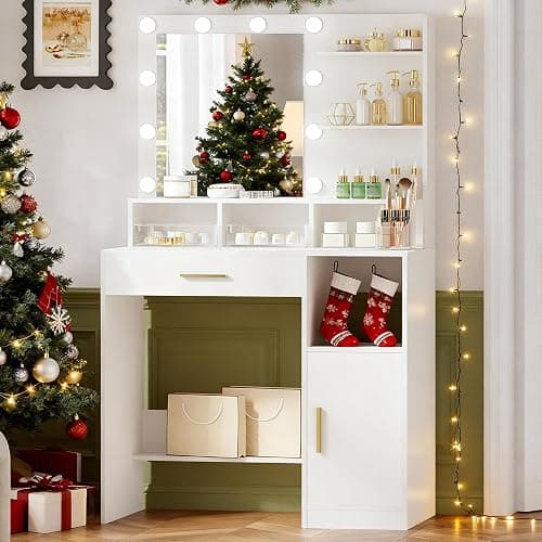 Hzuaneri Vanity Desk with Mirror and 10 LED Lights, Makeup Vanity with 3 Shelves & 4 Open Compartments, Dressing Table with Large Drawer & Cabinet, 3 Adjustable Lighting Brightness, White VT08103XCA thumbnail 8