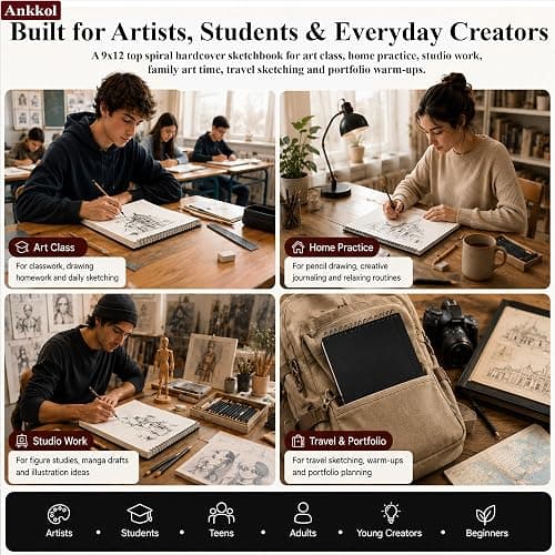 Ankkol Sketch Book 9x12, Top Spiral Bound Sketchbook,100 Sheets_68lb/100gsm | Art Sketch Pad for Kids, Adults, Beginners, Artists, Acid-Free Sketch Paper, Thick Drawing Paper, Hardcover, Perforated Pages thumbnail 7