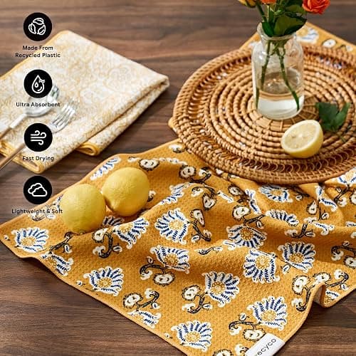 RECYCO Waffle Kitchen Towel Set of 2 - Quick Dry Microfiber Sustainable Dish Towels - Ultra Absorbent Reusable Cleaning Tea Towels - Lightweight Hand Towels,16”x 28”, Marigold Mosaic thumbnail 3