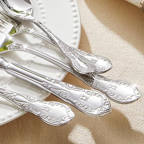 KINGSTONE Vintage Silverware Set, 40-Piece 18/10 Stainless Steel Retro Royal Flatware Cutlery Set for 8 with Carved Thick Handles, Tableware Utensils for Home,Party,Restaurant,Wedding,Dishwasher Safe thumbnail 4