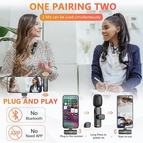 Wireless Microphone for iPhone, Android Phone, Laptop, CDMVAB 2 Pack Lavalier Microphone for Video Recording, Mini Mics with Noise Reduction for Podcast YouTube TikTok Vlog thumbnail 4