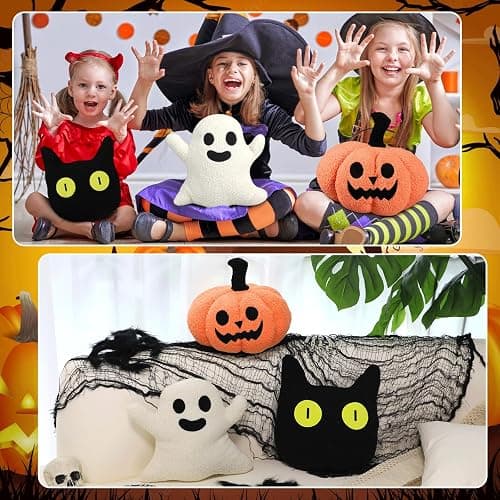 Justforjoyful 3Pcs Halloween Pillow Plush Pumpkin Ghost Throw Pillow for Halloween Home Party Decoration Stuffed Black Cat Shaped Cushion Pillow for Cozy Halloween Living Room Bedroom Sofa Supplies thumbnail 7