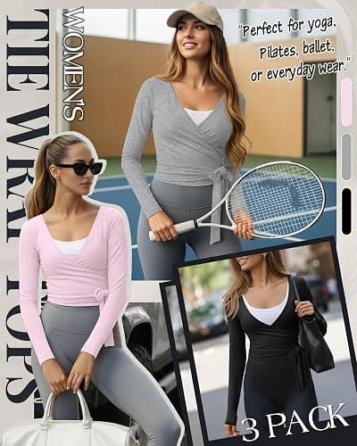 Oakgarden 3 Pack Women's Tie Wrap Tops, Long Sleeve Workout Ballet Yoga Pilates Shirts Deep V Neck Tie Front Y2k Blouses thumbnail 3
