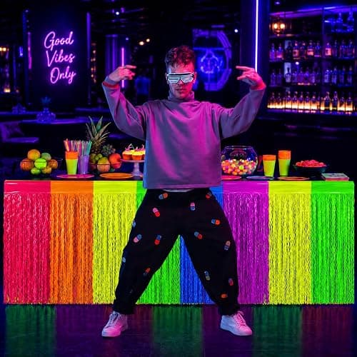 Fayoo 2 Pack Neon Glow Wavy Foil Fringe Table Skirts, 31.5x118 In | 6 Vibrant Colors, Glow in the Dark Party Supplies, Neon Party Decorations, Party Table Decor, Neon Tablecloths thumbnail 6
