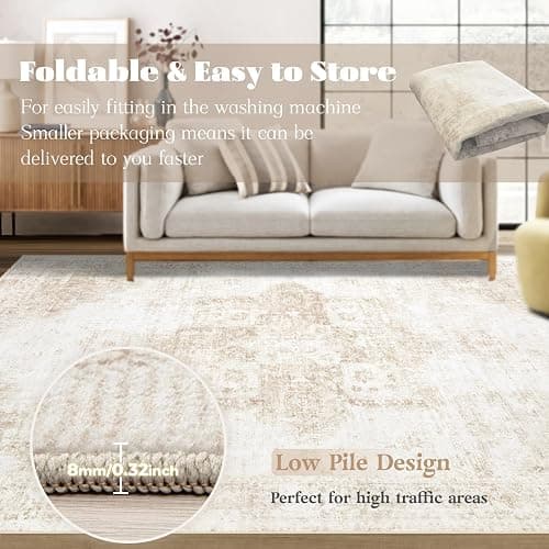 VECARF Area Rug 5x7 Washable Rug, Vintage Boho Medallion Rugs Non-Slip Soft Low Pile Large Distressed Rug Indoor Retro Carpet for Living Room Bedroom Dining Room Home Office (Beige, 5'x7') thumbnail 7