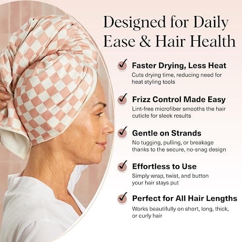 Kitsch XL Microfiber Hair Towel Wrap for Women – Ultra Absorbent Microfiber Towel for Wet, Curly, Long or Short Hair – Quick Dry, Anti-Frizz Hair Wrap – Terracotta Checkered, 40x24 inches thumbnail 3