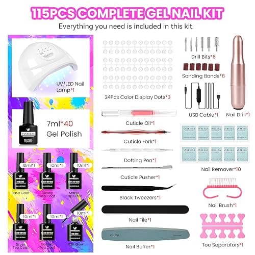 VANREESA 115Pcs Gel Nail Polish Kit with U V Light Nail Drill Almond Nail Tips -40 All Seasons Colors Gel Polish Set with 5Pcs Base Top Coat Gel Nail Kit for Beginners with Everything Gifts for Women thumbnail 8