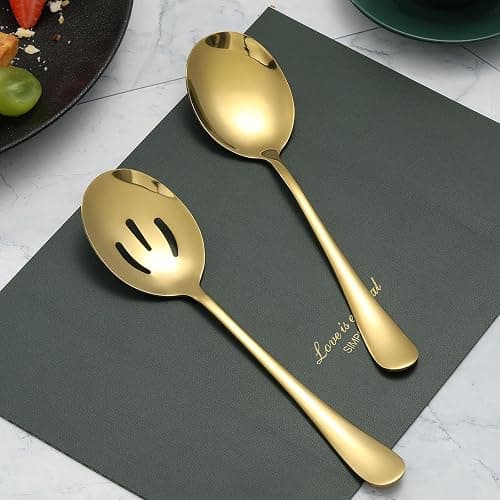 6 Pieces Serving Spoons Set, 8.7 Inch Serving Spoon, Includes 3 Server Spoon and 3 Slotted Spoons, Stainless Steel Buffet Banquet Large Utensils Cutlery Set for Kitchen, Gold thumbnail 2
