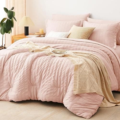 CozyLux Queen Comforter Set Blush Pink Seersucker 7 Pieces Bed in a Bag Queen Comforter Set with Sheets, Luxury Soft Bedding Set with Down Alternative Comforter, Sheets, Pillowcases & Shams All Season - Image 1