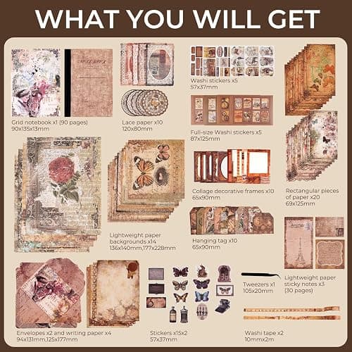Funto Scrapbooking Kit (202 PCS), Vintage Collection-Wisteria & Butterfly, Perfect for Bullet Scrapbooking Materials, Planner DIY Arts Craft Collage thumbnail 2