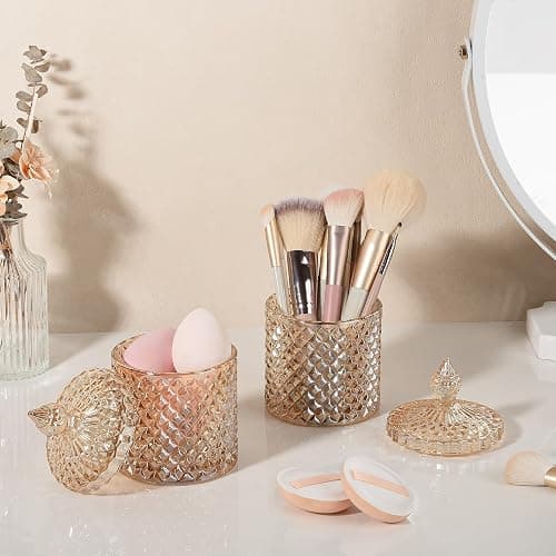 2 Pack Qtip Holder Thick Glass Apothecary Jars with Lid for Bathroom Decor Storage Organizer for Cotton Swabs, Balls, Pads, Floss Picks, Candy, Jewelry, Amber thumbnail 6