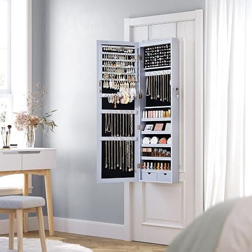 SONGMICS 6 LEDs Mirror Jewelry Cabinet, 47.2-Inch Tall Lockable Wall or Door Mounted Jewelry Armoire Organizer with Mirror, 2 Drawers, 3.9 x 14.6 x 47.2 Inches, Gray UJJC93GY thumbnail 8
