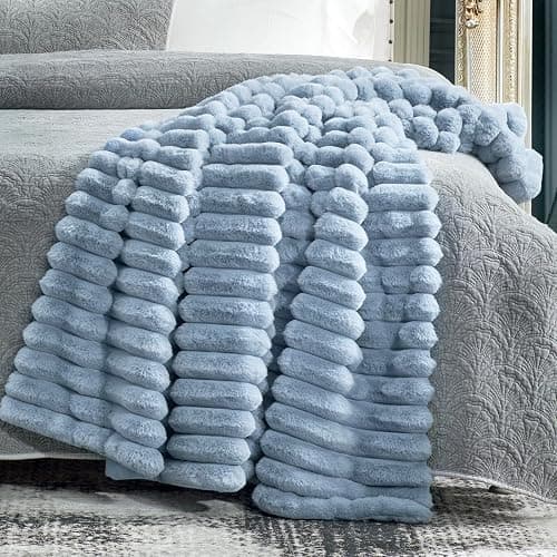 Cozy Bliss Faux Fur Throw Blanket for Couch, Cozy Warm Plush Striped Blanket for Sofa Bedroom Living Room, 50 * 60 Inches Light Blue thumbnail 5