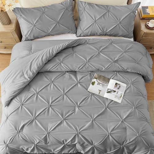 UNIKOME Queen Comforter Set Gray/Light Gray - Soft Pintuck Down Alternative Bedding Set for All Seasons, 3 Pieces Pinch Pleat Solid Bed Set with Comforter, 2 Pillowcases - 09 Gray/Light Gray - Queen(92“x88“) thumbnail 6