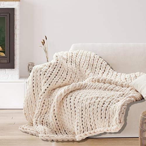 Cream White Throw Blanket, 50" x 60" Chunky Knit Blanket, Handmade Warm & Soft Chenille Throw Blanket, Washable Decorative Knit Blanket with Jumbo Chenille Yarn for Couch Bed Sofa thumbnail 4