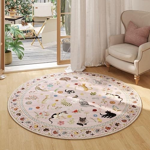 Rugcomf Round Rug 4ft Washable Circle Rug Non Slip Low Pile Boho Floral Animal Cat Small Circular Rug for Bedroom Bathroom Entryway Kids Room Office College Dorm, Pink thumbnail 3
