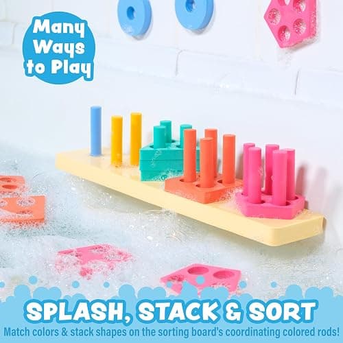 Tub Works® Splash, Stack & Sort™ Shape Sorter & Stacking Toddler Bath Toy | 20 Foam Pieces | Color Sorting & Shape Stacking Kids Bath Toys | Floats & Sticks to Tub Walls | Early Learning Bathtub Toys thumbnail 3