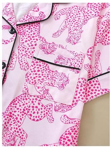 WDIRARA Women's Two Piece Animal Print Short Sleeve Button Shirt and Elastic Waist Shorts Pajama Set thumbnail 5
