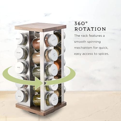 Kamenstein 20 Jar Vintage Revolving Countertop Spice Rack Organizer with Spices Included, FREE Spice Refills for 5 Years, Wood and Stainless Steel with Metal Caps thumbnail 4