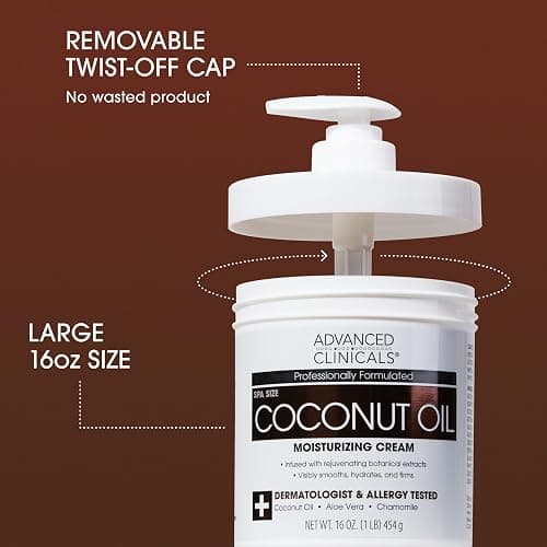 Advanced Clinicals Coconut Oil Body Cream For Women & Men | Hydrating Coconut Lotion For Extremely Dry Skin | Visible Anti Aging Body Butter Skin Care Balm Moisturizer For Hand, Heel, Feet, 16 Ounce thumbnail 3
